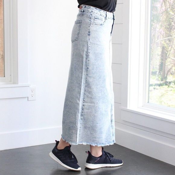 NWT Be-Girl Long Modest Acid Jean Skirt Sz Medium Sand Blush Maxi Stretch Denim - Picture 4 of 14